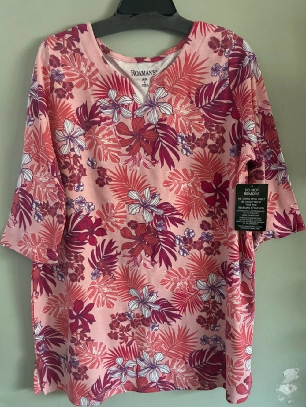 Roaman's Pink Tropical Floral Short Sleeve Top